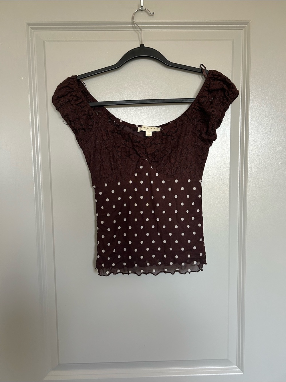 Lace Bodice Brown Polka Dot Puff Sleeve Blouse